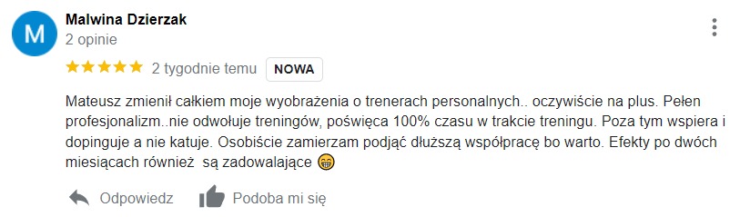 Opinia klientki Malwiny Dzierzak o trenerze Mateuszu, ocena 5 gwiazdek, tekst recenzji podkreślający profesjonalizm i wsparcie podczas treningów.