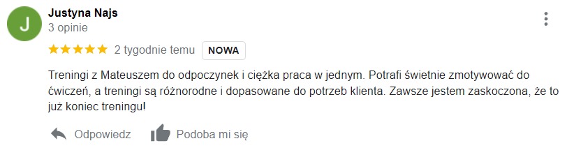 Opinia klientki Justyny Najs o treningach z Mateuszem, ocena 5 gwiazdek, opisująca je jako różnorodne, dopasowane i motywujące.