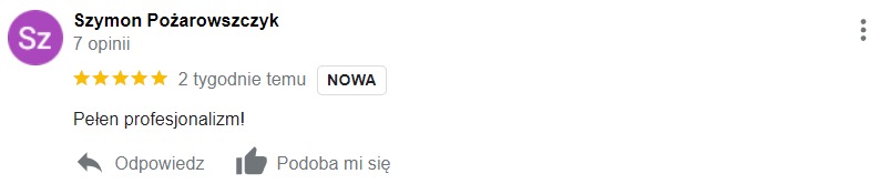 Zrzut ekranu z recenzją klienta o nazwie Szymon Pożarowszczyk, oceniający usługę na pięć gwiazdek i komentujący 'Pełen profesjonalizm!'