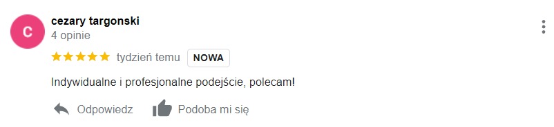 Zrzut ekranu z recenzją użytkownika Cezary Targonski, oceniającą usługę pięcioma gwiazdkami i chwalącą indywidualne i profesjonalne podejście.