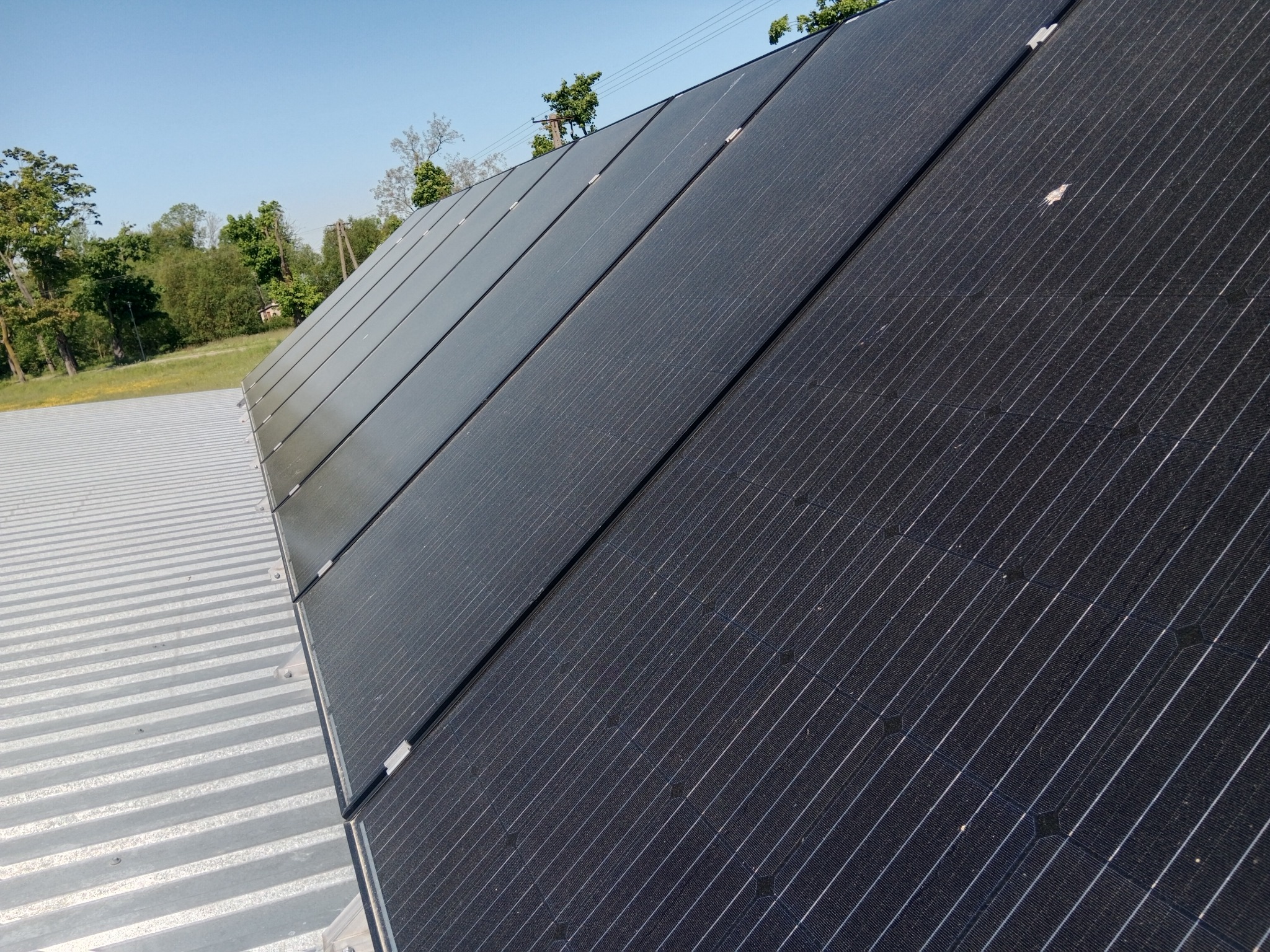 Rząd czarnych paneli fotowoltaicznych zamontowanych na srebrnym, falistym dachu, widocznych pod kątem, z zielenią drzew i błękitnym niebem w tle.