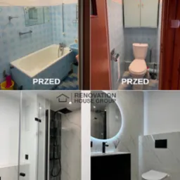 Porównanie łazienki przed i po: niebieskie płytki z kwiatowym wzorem ustąpiły miejsca białym marmurkowym płytkom, wanna zastąpiona kabiną prysznicową typu walk-in z czarną armaturą, a umywalka...