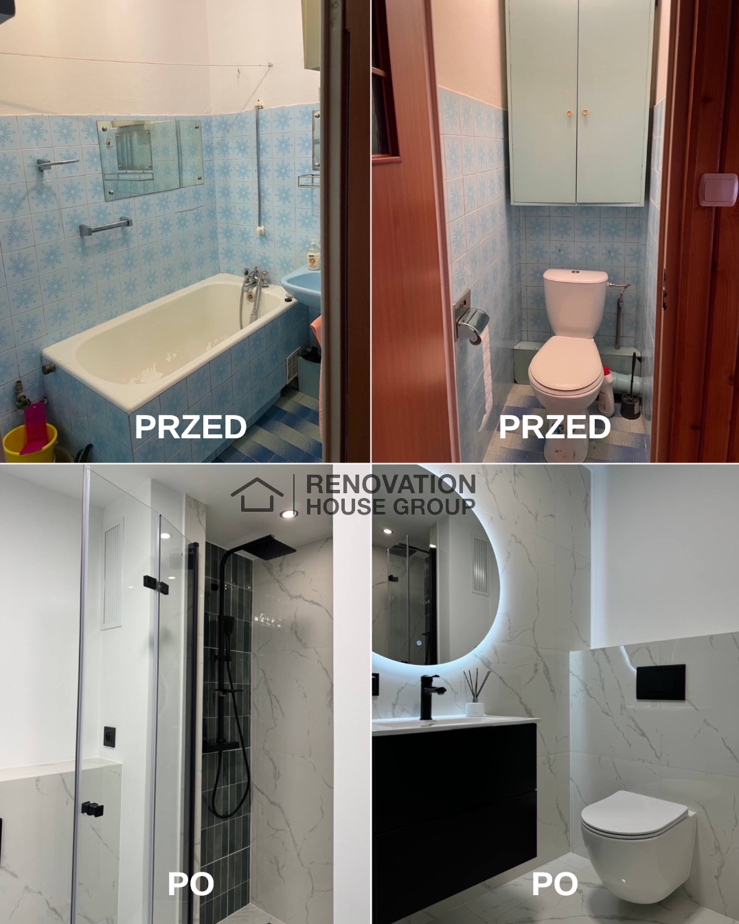 Porównanie łazienki przed i po: niebieskie płytki z kwiatowym wzorem ustąpiły miejsca białym marmurkowym płytkom, wanna zastąpiona kabiną prysznicową typu walk-in z czarną armaturą, a umywalka...