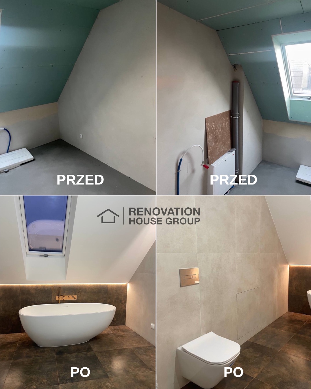 Porównanie stanu łazienki na poddaszu przed i po remoncie: surowe ściany z płyt kartonowo-gipsowych kontra nowoczesna aranżacja z wolnostojącą wanną i podświetleniem LED.