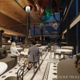 Wizualizacja wnętrza kawiarni z wysokim sufitem, nowoczesnymi lampami wiszącymi, szarą sofą i wzorzystą podłogą; widoczne osoby siedzące przy stolikach.