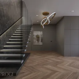 Nowoczesne wnętrze domu z marmurową ścianą, schodami z podświetleniem LED, parkietem w jodełkę i designerską lampą wiszącą.