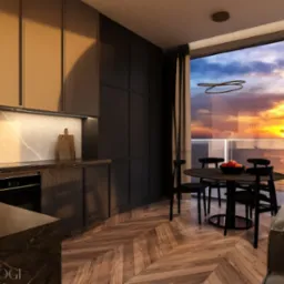 Nowoczesna kuchnia z jadalnią w odcieniach szarości i złota, parkiet w jodełkę, widok na zachód słońca nad morzem za oknem.