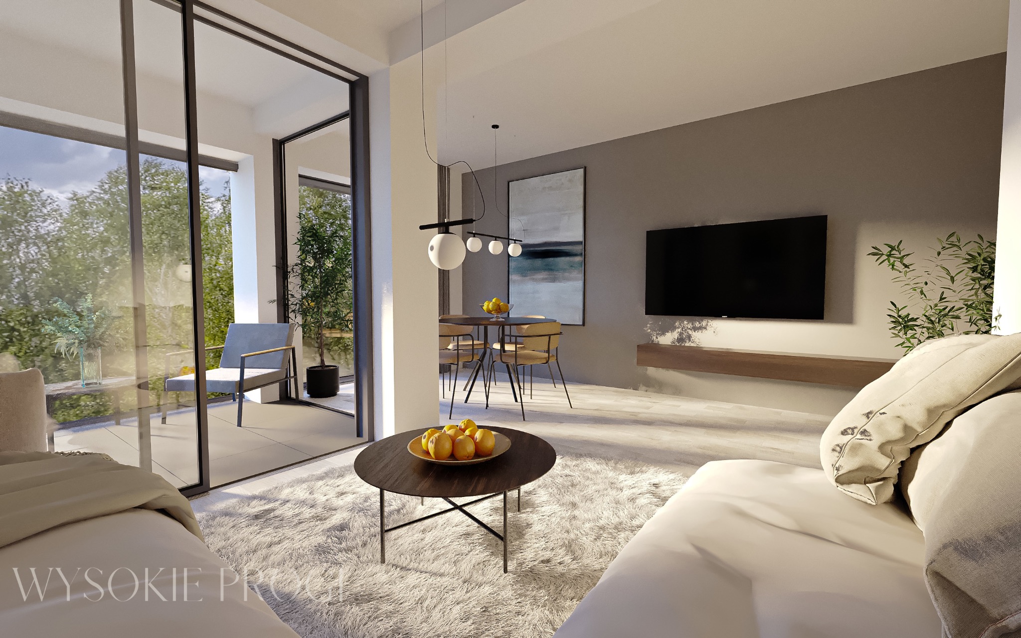Wnętrze salonu z wyjściem na balkon: okrągły stolik kawowy z owocami na tle puszystego dywanu, w tle stół jadalny z owocami, telewizor na ścianie i jasna sofa.