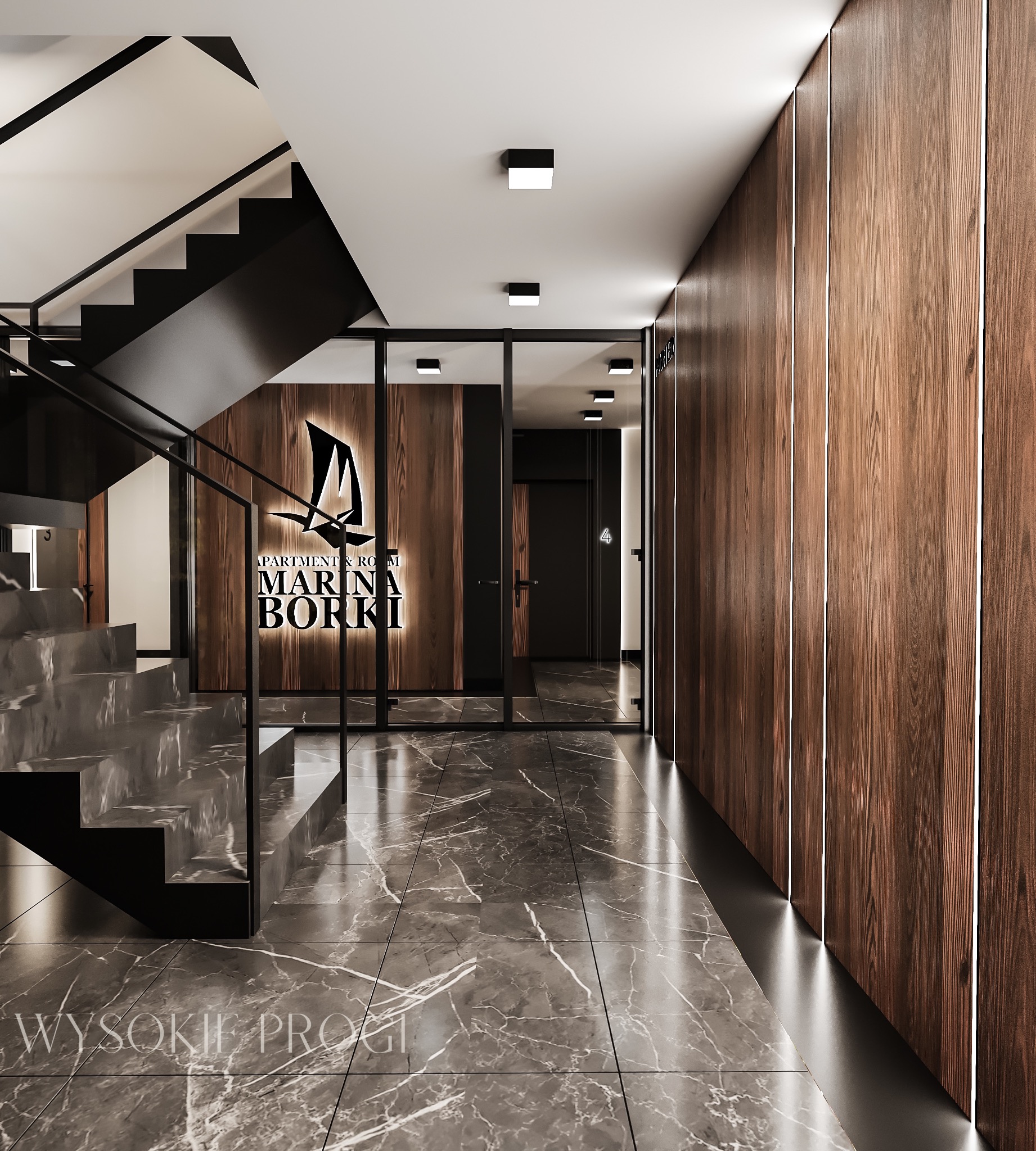 Nowoczesne wnętrze apartamentu z marmurową posadzką, drewnianą ścianą z podświetleniem LED i czarnymi schodami z przeszkloną balustradą, widok na logo 'Marina Borki' na drewnianej ścianie.