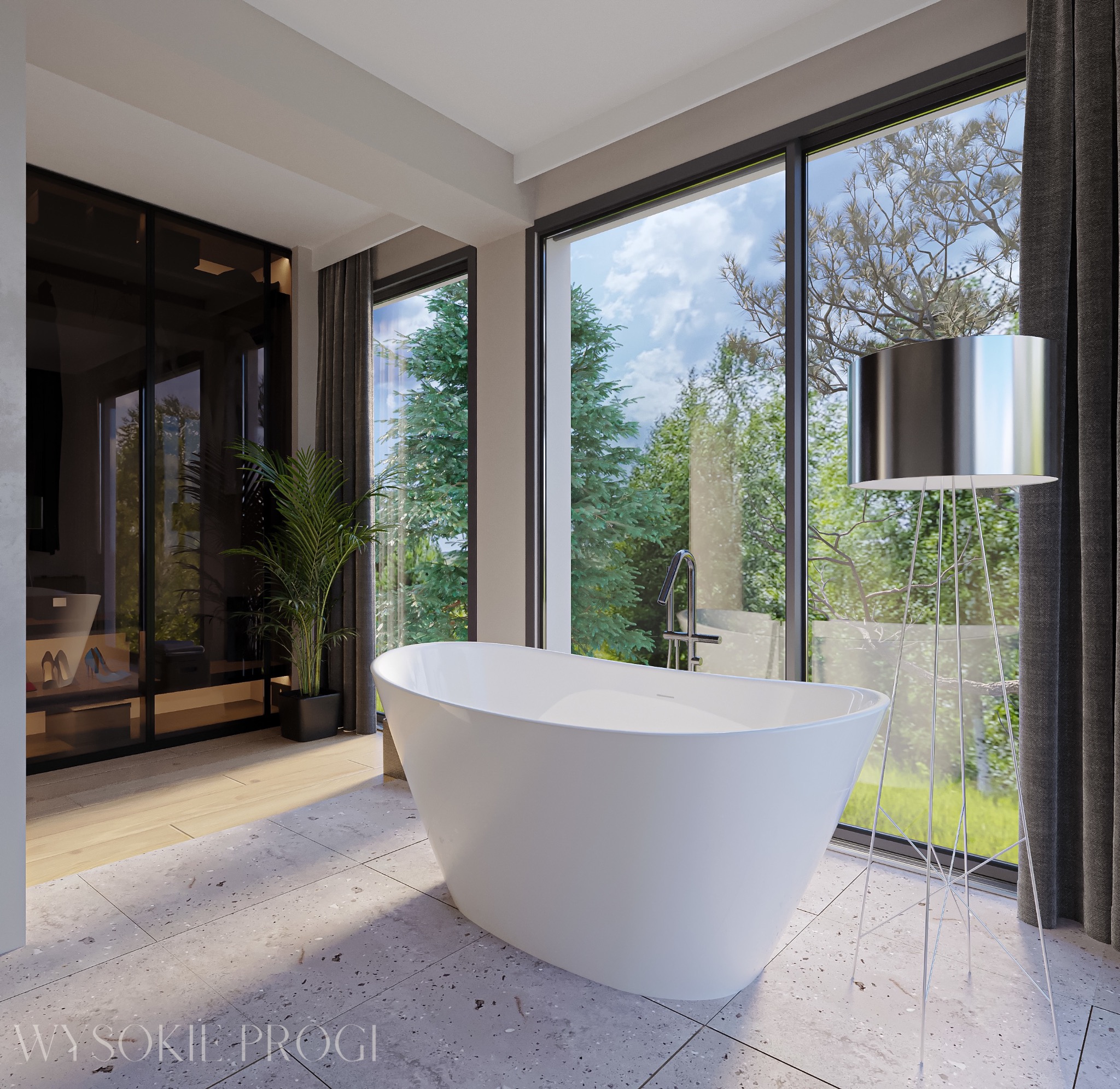 Wanna wolnostojąca w nowoczesnej łazience z dużym oknem na zieleń, obok wysoka lampa podłogowa i garderoba z ekspozycją obuwia.
