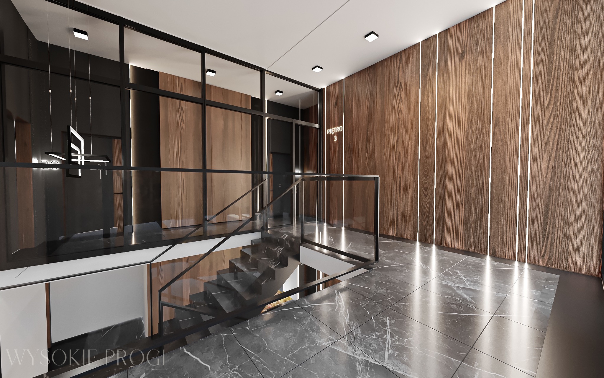 Wizualizacja wnętrza klatki schodowej w nowoczesnym budynku apartamentowym z marmurową posadzką, drewnianymi panelami ściennymi z oświetleniem ledowym i szklanymi balustradami. Widoczny napis...
