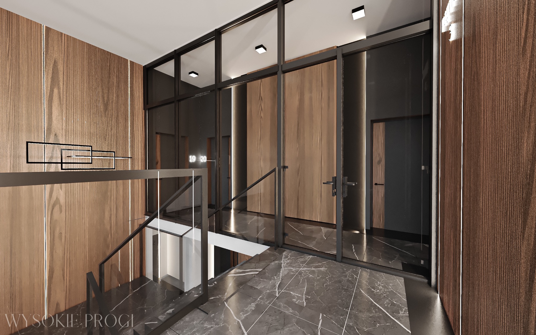 Nowoczesne wnętrze: klatka schodowa z marmurową posadzką, drewnianą okładziną ścian z subtelnym oświetleniem LED i szklaną balustradą, widok na drzwi wejściowe z numerami mieszkań.