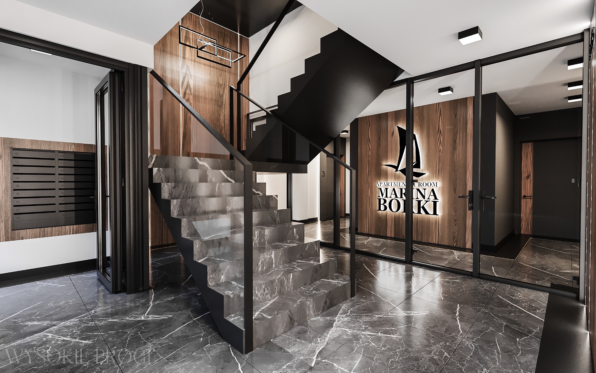 Nowoczesne wnętrze apartamentu z marmurowymi schodami, czarną balustradą, drewnianą boazerią z logo 'Apartment Room Marina Boiki' i skrzynkami pocztowymi przy wejściu.