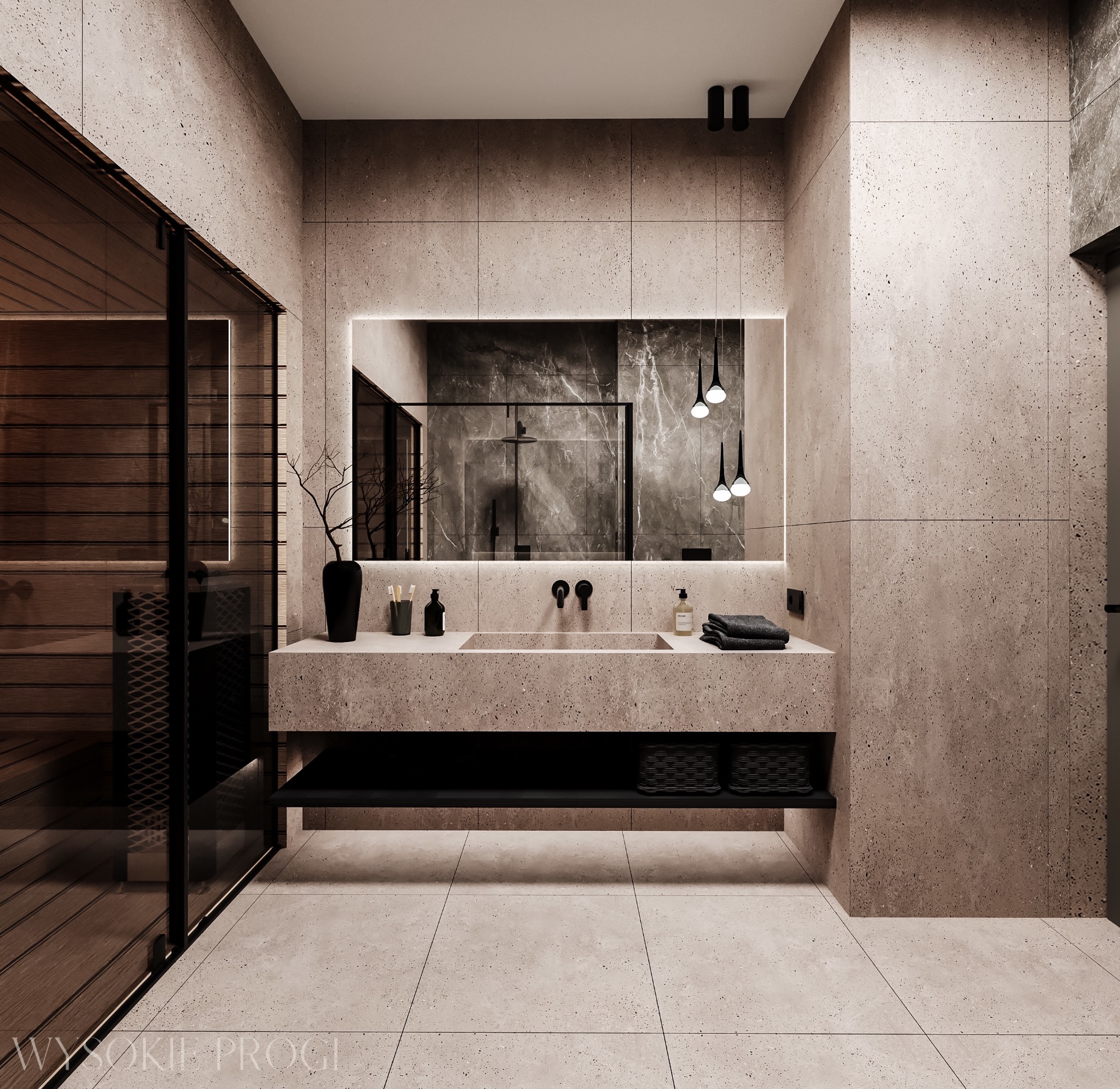 Nowoczesna łazienka z sauną, ściany i podłoga wyłożone płytkami imitującymi beton, minimalistyczna umywalka z czarną armaturą i podświetlanym lustrem, wiszące lampy