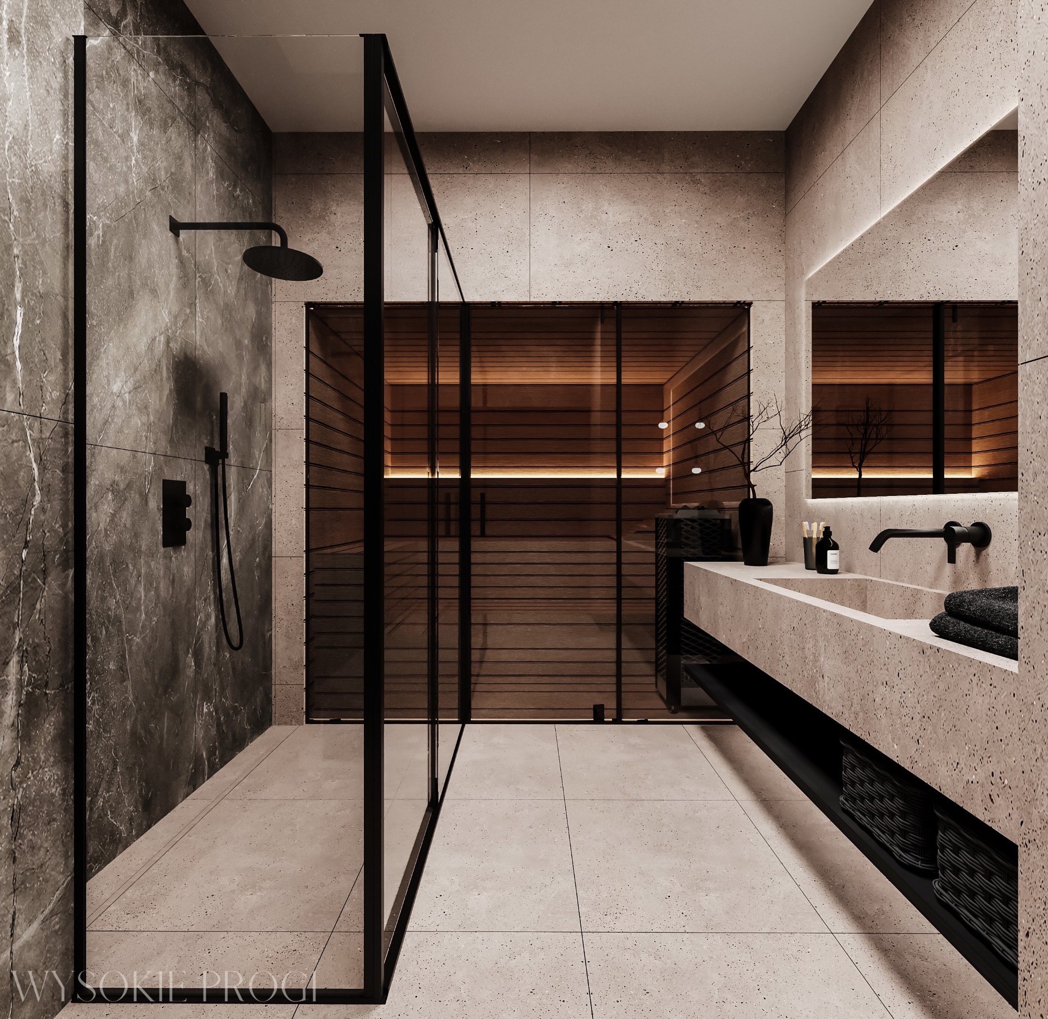 Nowoczesna łazienka z kabiną prysznicową typu walk-in, marmurową ścianą, sauną za szklaną ścianą i umywalką z betonu architektonicznego z czarną armaturą.