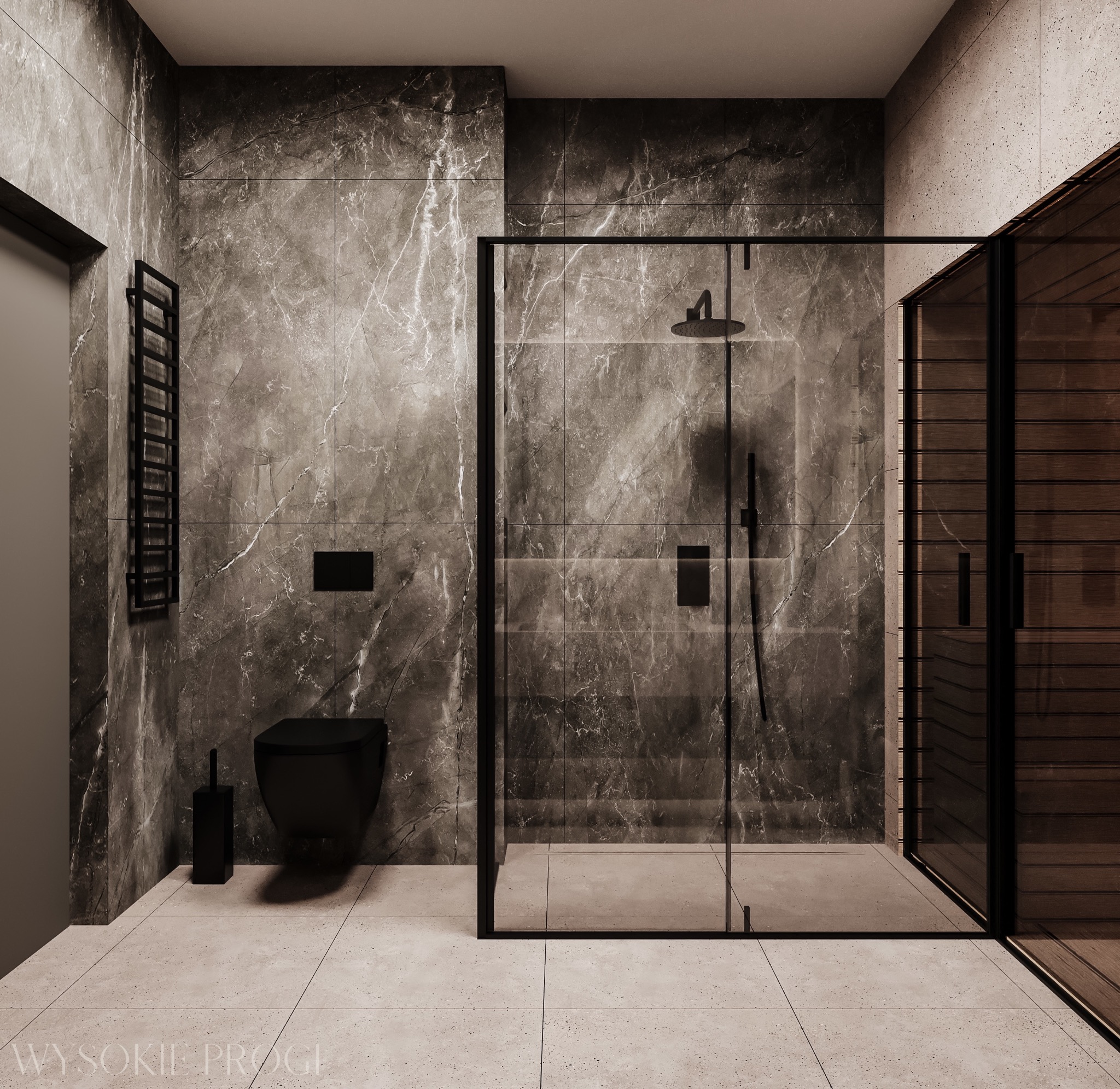 Nowoczesna łazienka w odcieniach szarości i czerni z kabiną prysznicową typu walk-in, wiszącą toaletą i grzejnikiem drabinkowym na ścianie z marmurowym wzorem.
