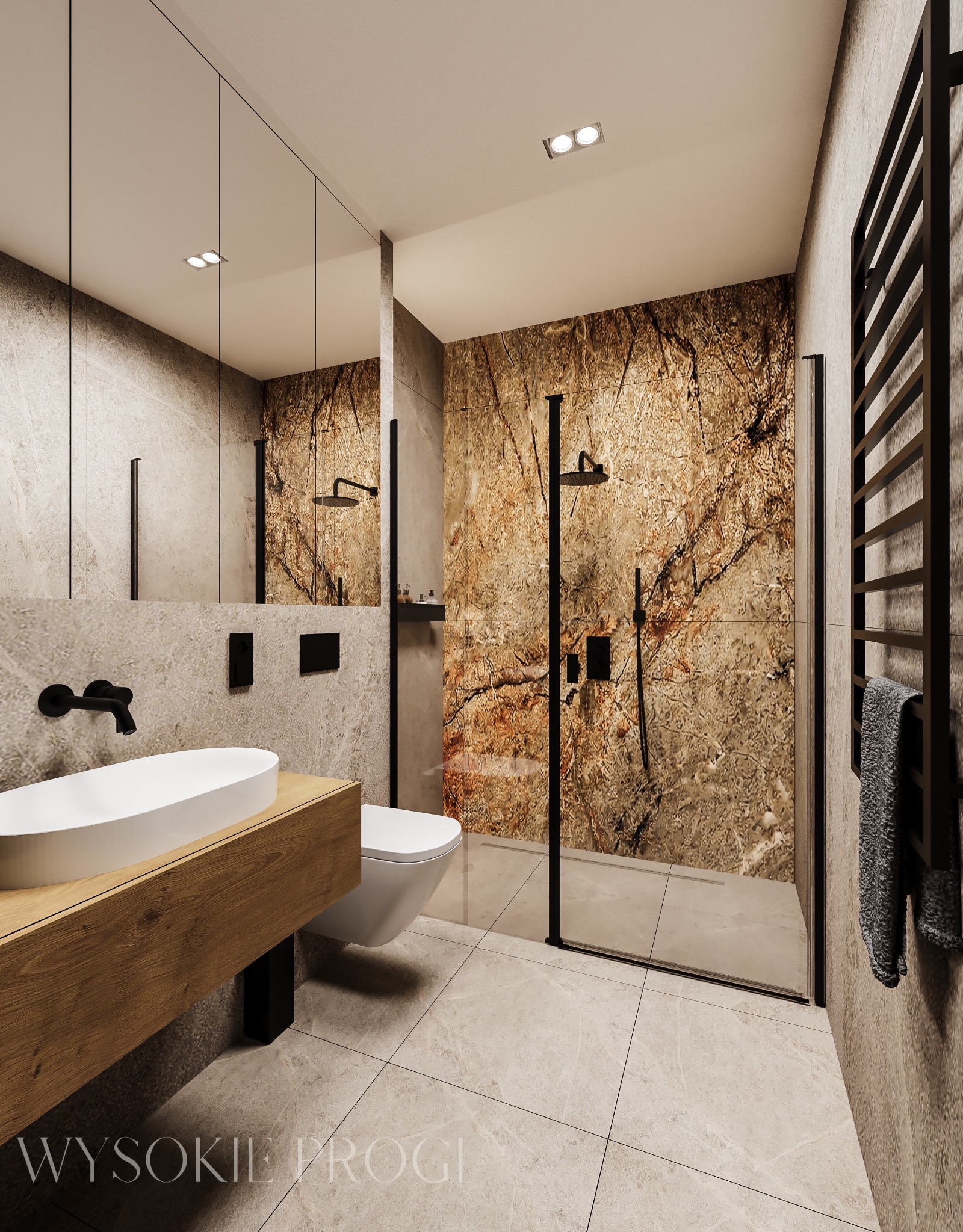 Nowoczesna łazienka z marmurową ścianą w odcieniach brązu i beżu, kabina prysznicowa typu walk-in z czarnymi ramami, umywalka nablatowa na drewnianej szafce, czarna bateria i grzejnik drabinkowy...