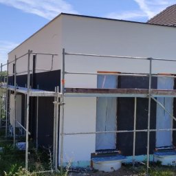 Stanislav Timonov - Dom jednorodzinny w trakcie ocieplania elewacji, widoczne rusztowania, czarne płyty izolacyjne i częściowo otynkowana ściana w kolorze białym na tle pola i lasu.