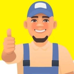 Hubert Kajtaniak - Kreskówkowy wizerunek uśmiechniętego mężczyzny w niebieskim kombinezonie i czapce, z kciukiem uniesionym w górę na tle żółtego tła.