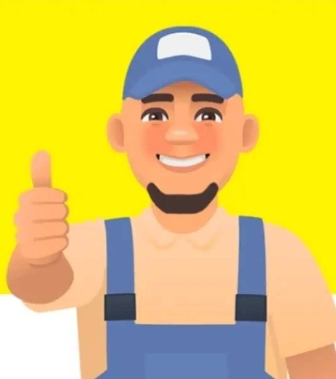 Kreskówkowy wizerunek uśmiechniętego mężczyzny w niebieskim kombinezonie i czapce, z kciukiem uniesionym w górę na tle żółtego tła.