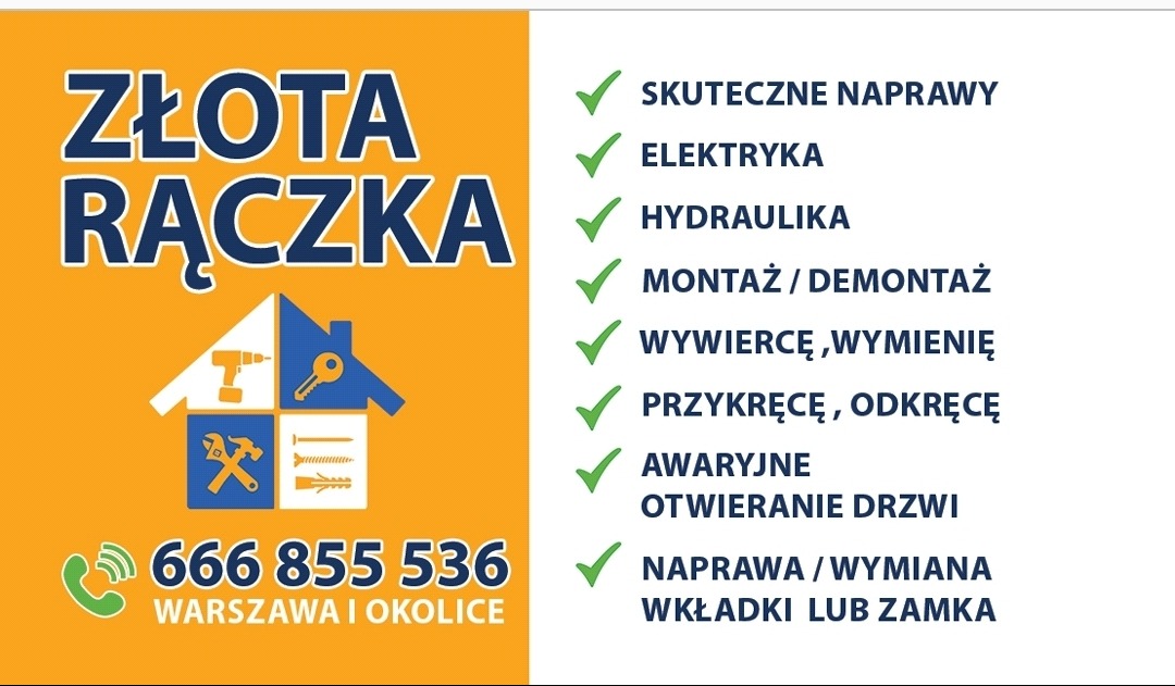 Grafika reklamowa usług remontowych i naprawczych z ikonami narzędzi w kształcie domu, numerem telefonu i listą oferowanych usług, takich jak elektryka, hydraulika, montaż i otwieranie drzwi...