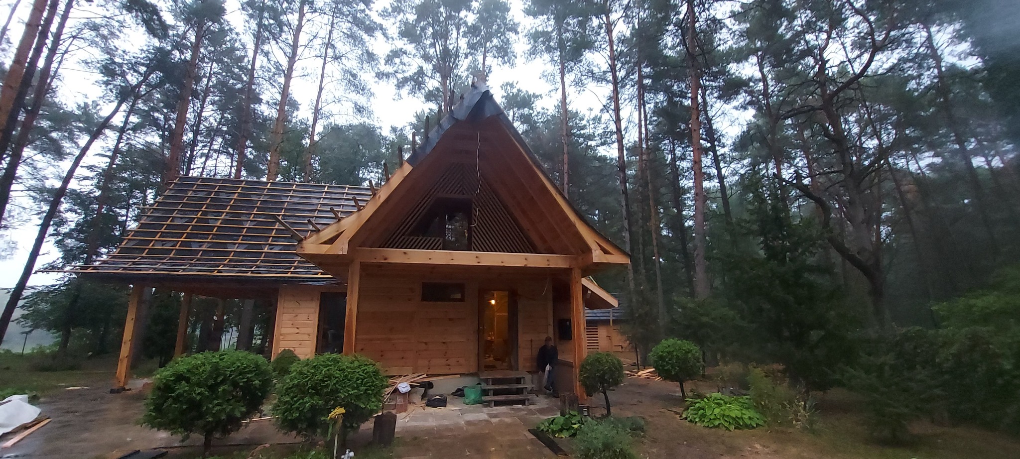 Surowy dom szkieletowy w lesie, widoczne elementy konstrukcyjne dachu i drewniane ściany, etap budowy, osoba w drzwiach.