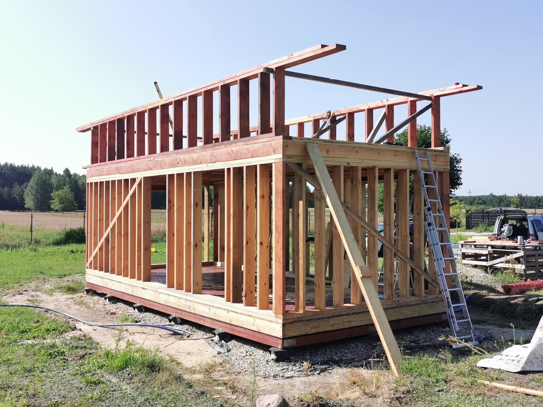 Surowa drewniana konstrukcja dwukondygnacyjnego budynku z widoczną drabiną opartą o ścianę, na tle łąki i lasu w słoneczny dzień.