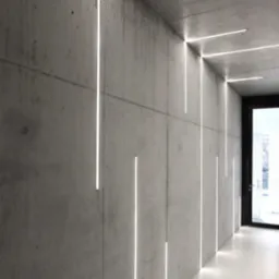 Betonowa ściana z pionowymi, wpuszczanymi liniami LED, oświetlającymi podłogę, minimalistyczny design korytarza.
