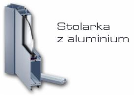 Przekrój ramy okiennej z aluminium, widoczny profil i uszczelki, na białym tle z napisem 'Stolarka z aluminium'.