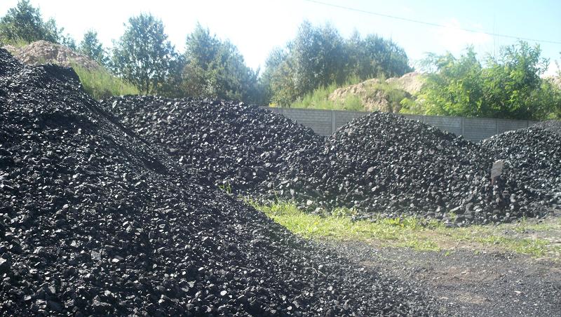 Góra czarnego węgla kamiennego na składzie, z widocznym betonowym ogrodzeniem w tle i zielenią drzew.
