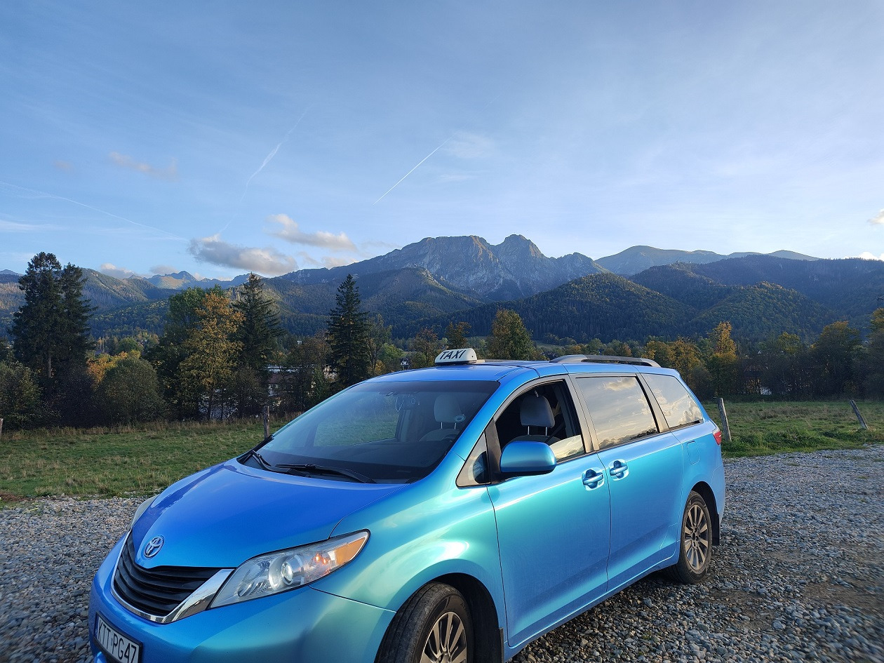 Błękitny samochód taxi z napisem 'TAXI' na dachu, zaparkowany na żwirowej drodze z widokiem na góry i lasy w tle.