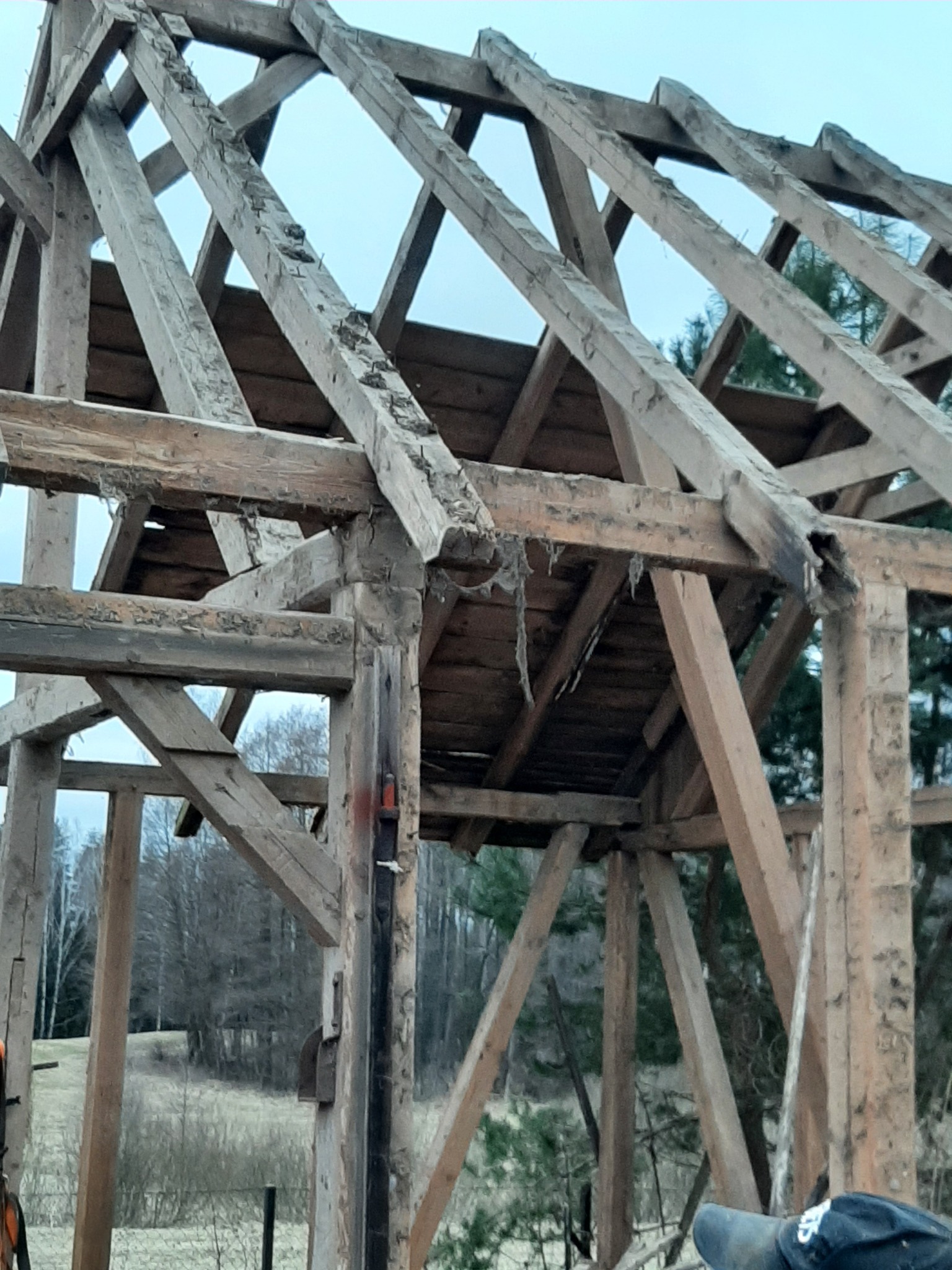 Drewniana konstrukcja szkieletowa budynku w trakcie rozbiórki, widoczne elementy dachu i ścian, zniszczone drewno z pozostałościami po pokryciu, na zewnątrz widoczny teren z drzewami w tle.