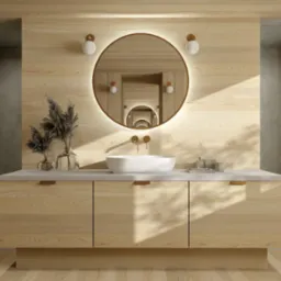 Jasna łazienka z drewnianymi panelami, okrągłym lustrem z podświetleniem LED, białą umywalką nablatową i dekoracyjnymi trawami w szklanych wazonach.