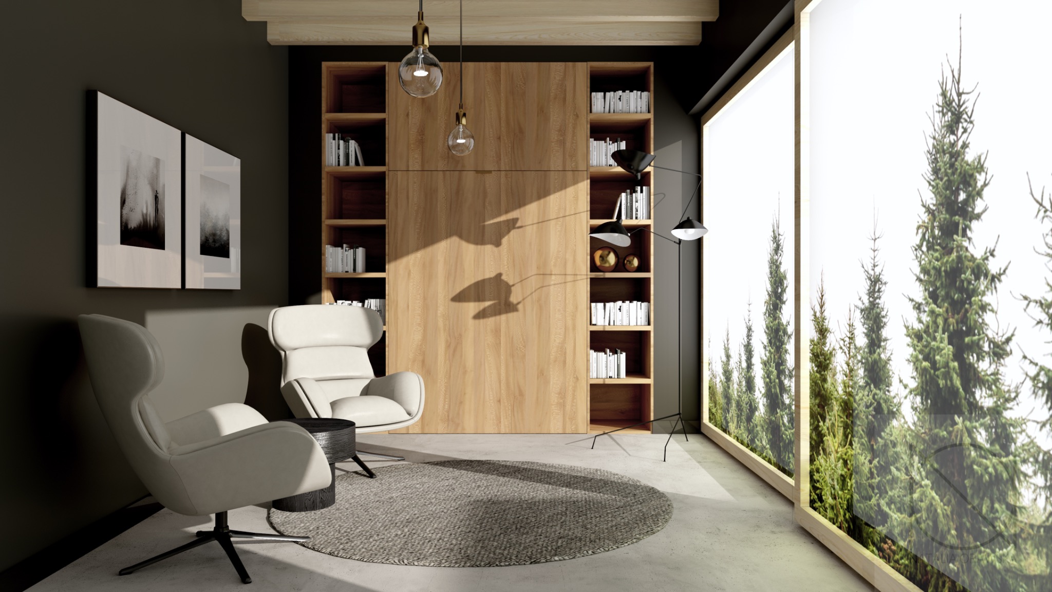 Jasne fotele klubowe w ciemnym pokoju z drewnianą zabudową biblioteki i widokiem na las za oknem, oświetlone wiszącymi lampami i lampą podłogową