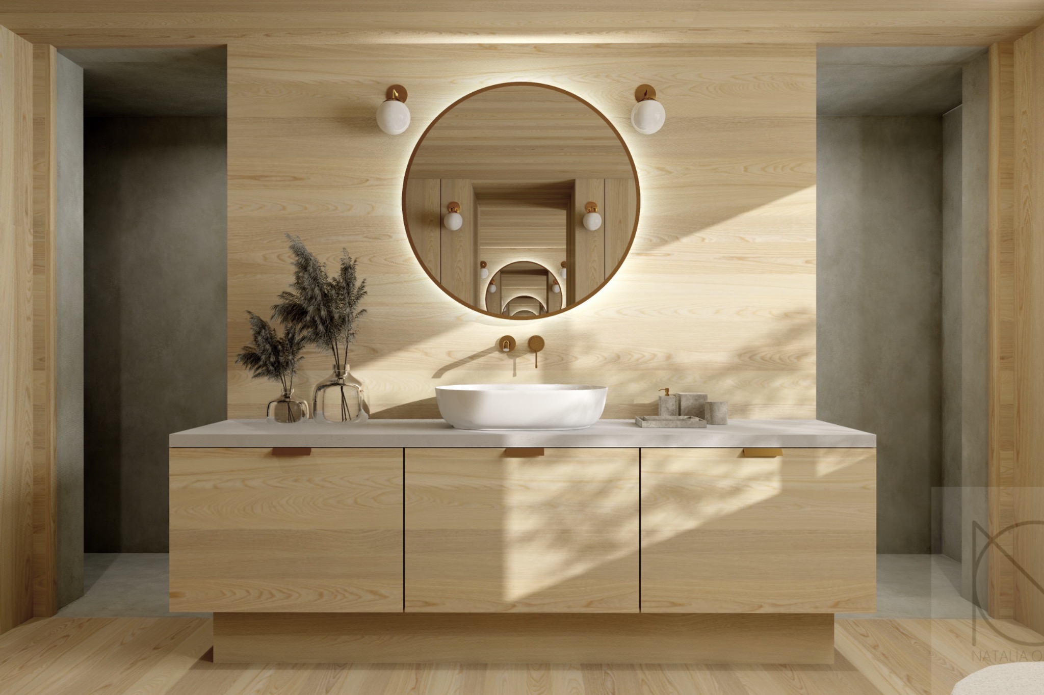 Jasna łazienka z drewnianymi panelami, okrągłym lustrem z podświetleniem LED, białą umywalką nablatową i dekoracyjnymi trawami w szklanych wazonach.