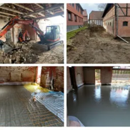 Cztery kadry z budowy: pomarańczowa koparka Kubota na tle ceglanej ściany podczas prac ziemnych, wykop wzdłuż budynku z czerwonej cegły, siatka zbrojeniowa na folii wewnątrz budynku, świeżo wylana...