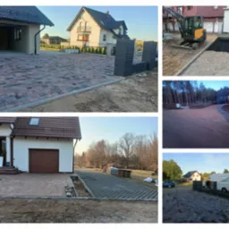 Kompozycja zdjęć z różnych etapów prac ziemnych i brukarskich: ułożona kostka brukowa przed domem z garażem, mini koparka przy wykopie z geokratą wypełnioną kamieniem, droga z ażurowych płyt...