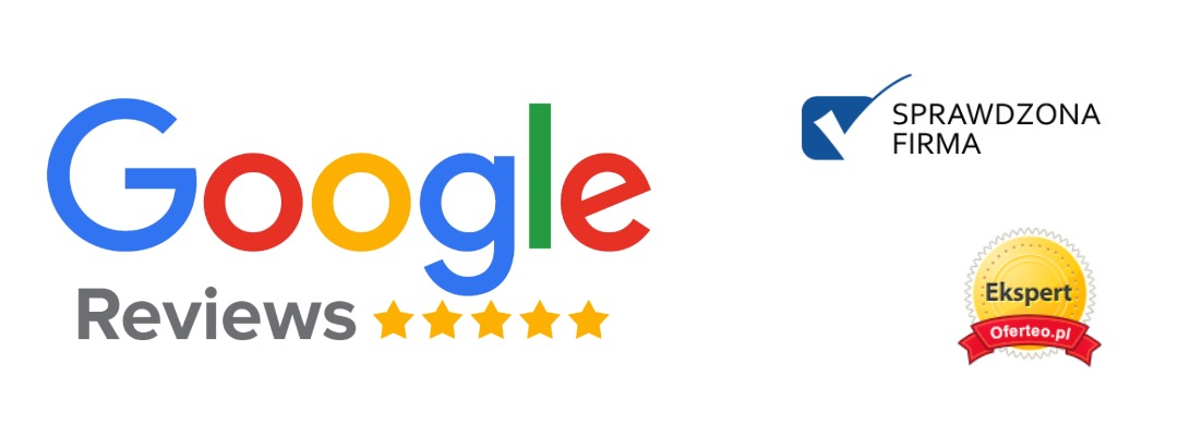 Logo Google Reviews z pięcioma gwiazdkami, obok logo 'Sprawdzona Firma' i odznaka 'Ekspert Oferteo.pl'.