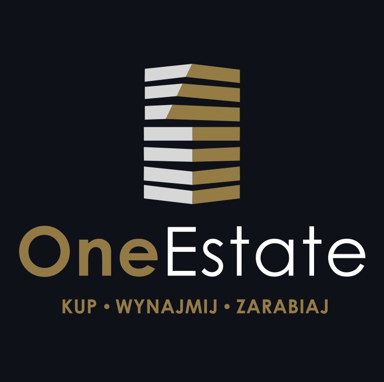 Logo firmy OneEstate z graficznym symbolem budynku i hasłem: Kup, Wynajmij, Zarabiaj.