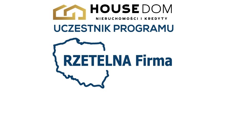 Logo firmy HOUSE DOM Nieruchomości i Kredyty, uczestnika programu Rzetelna Firma, z obrysem mapy Polski.