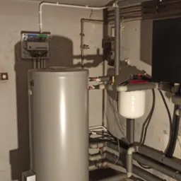 Szary bojler elektryczny z podłączonymi rurami w pomieszczeniu gospodarczym, widoczna instalacja elektryczna i ekspozycja rur grzewczych.