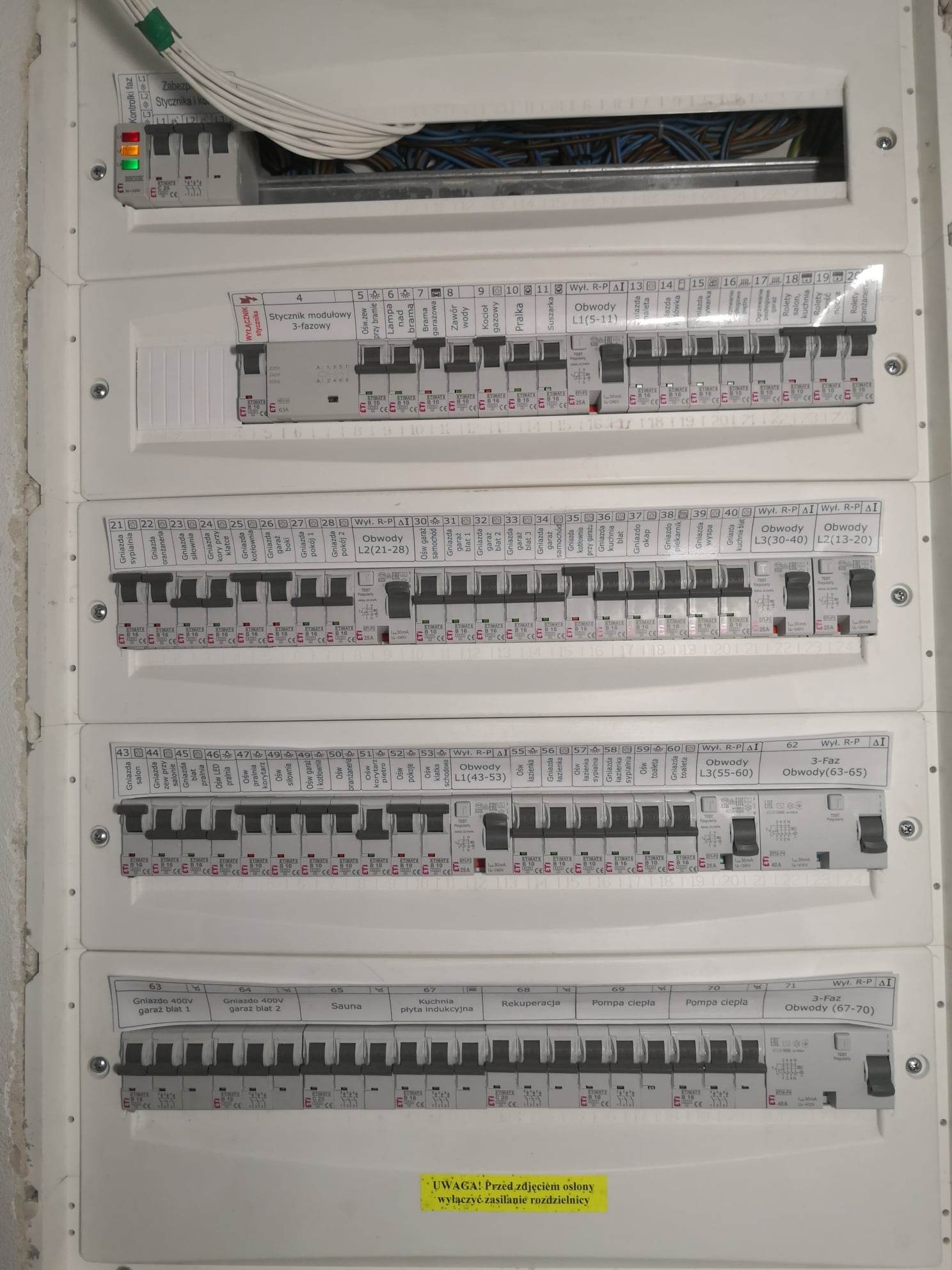 Rozdzielnica elektryczna z widocznymi bezpiecznikami i opisami obwodów, w tym gniazda 400V, sauna, płyta indukcyjna i pompa ciepła.