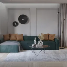 Wizualizacja salonu z zieloną sofą, brązowymi poduszkami, okrągłym szklanym stolikiem kawowym, dywanem w geometryczne wzory i nowoczesnym oświetleniem podłogowym. Na ścianie dekoracyjne, okrągłe...