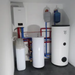 Kompaktowa kotłownia w narożniku pomieszczenia: biały piec gazowy Vaillant, pionowy zmiękczacz wody UST M, dwa białe zbiorniki akumulacyjne Kospel oraz naczynia przeponowe połączone rurami...