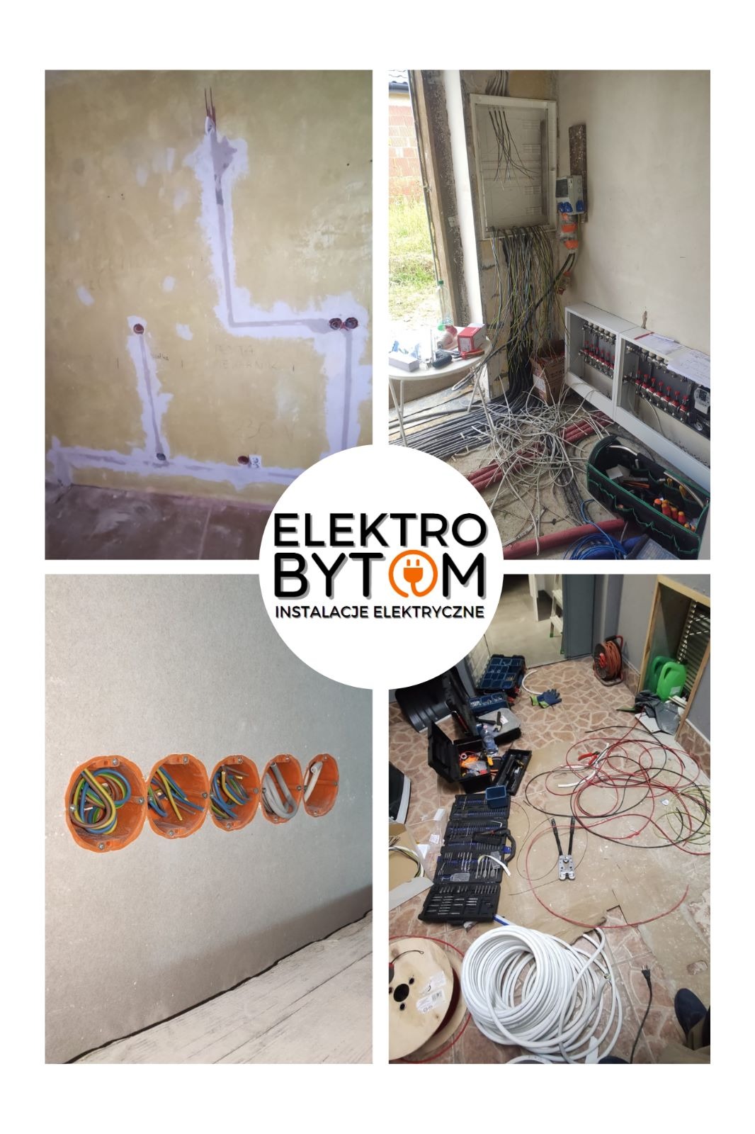 Kolaż czterech zdjęć z realizacji: bruzdy w ścianie przygotowane pod przewody, rozdzielnica elektryczna z podłączonymi kablami, puszki instalacyjne z przewodami, narzędzia i przewody na podłodze.