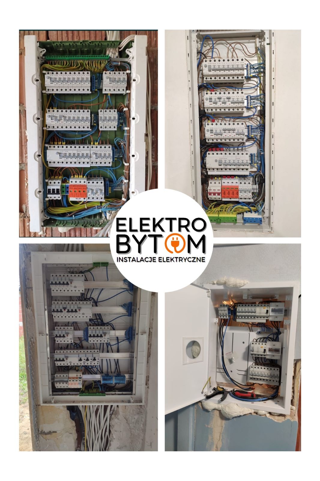 Kolaż czterech zdjęć przedstawiających rozdzielnice elektryczne w różnych stadiach montażu i wykończenia, z widocznymi przewodami, zabezpieczeniami i elementami konstrukcyjnymi ścian w tle.