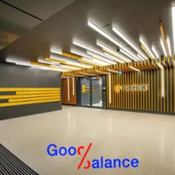 Nowoczesne wnętrze biurowe Hubpoint z elementami dekoracyjnymi w kolorze żółtym i oświetleniem LED, widoczne skrzynki pocztowe i logo firmy.