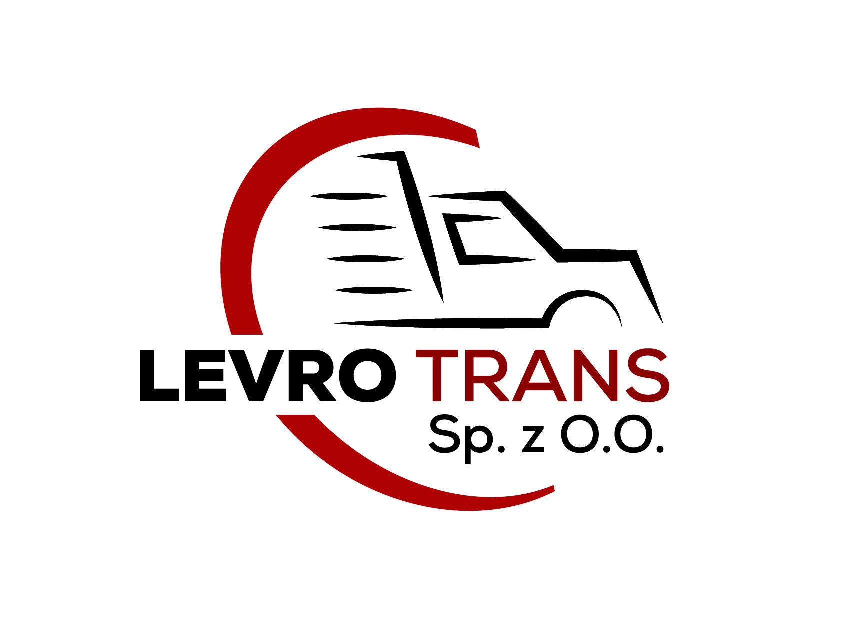 Logo firmy LEVRO TRANS Sp. z O.O. z graficznym symbolem stylizowanego transportu ciężarowego w kolorach czerni i czerwieni.