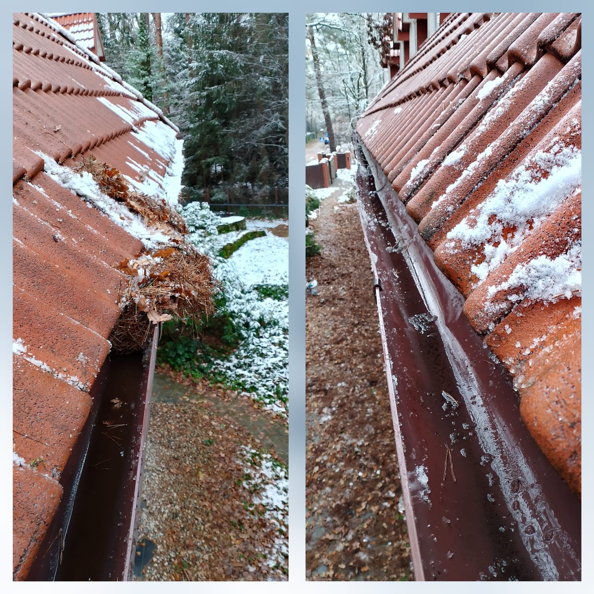 Dwa ujęcia tej samej rynny: po lewej stronie rynna zapchana liśćmi i igliwiem, częściowo przysypana śniegiem, po prawej stronie rynna pusta, z resztkami wody i śniegu, dachówka pokryta śniegiem.