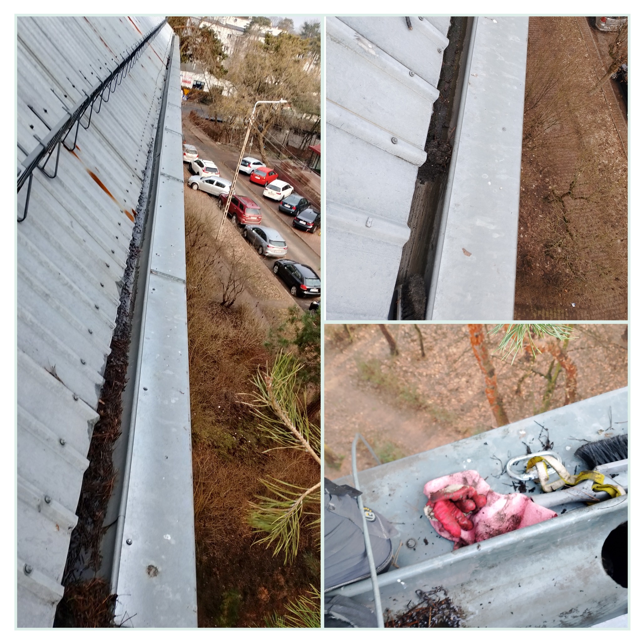 Zanieczyszczona rynna dachowa z perspektywy dachu, widok na ulicę z samochodami, obok rynny leżą narzędzia i brudna szmatka.